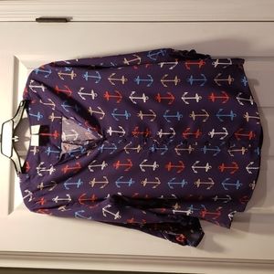 Caribbean Joe xl long sleeve navy blue button down top w red/white/blue anchors